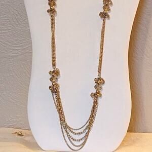 Champagne Crystal Cluster Gold Tone Multi-Chain Long Necklace